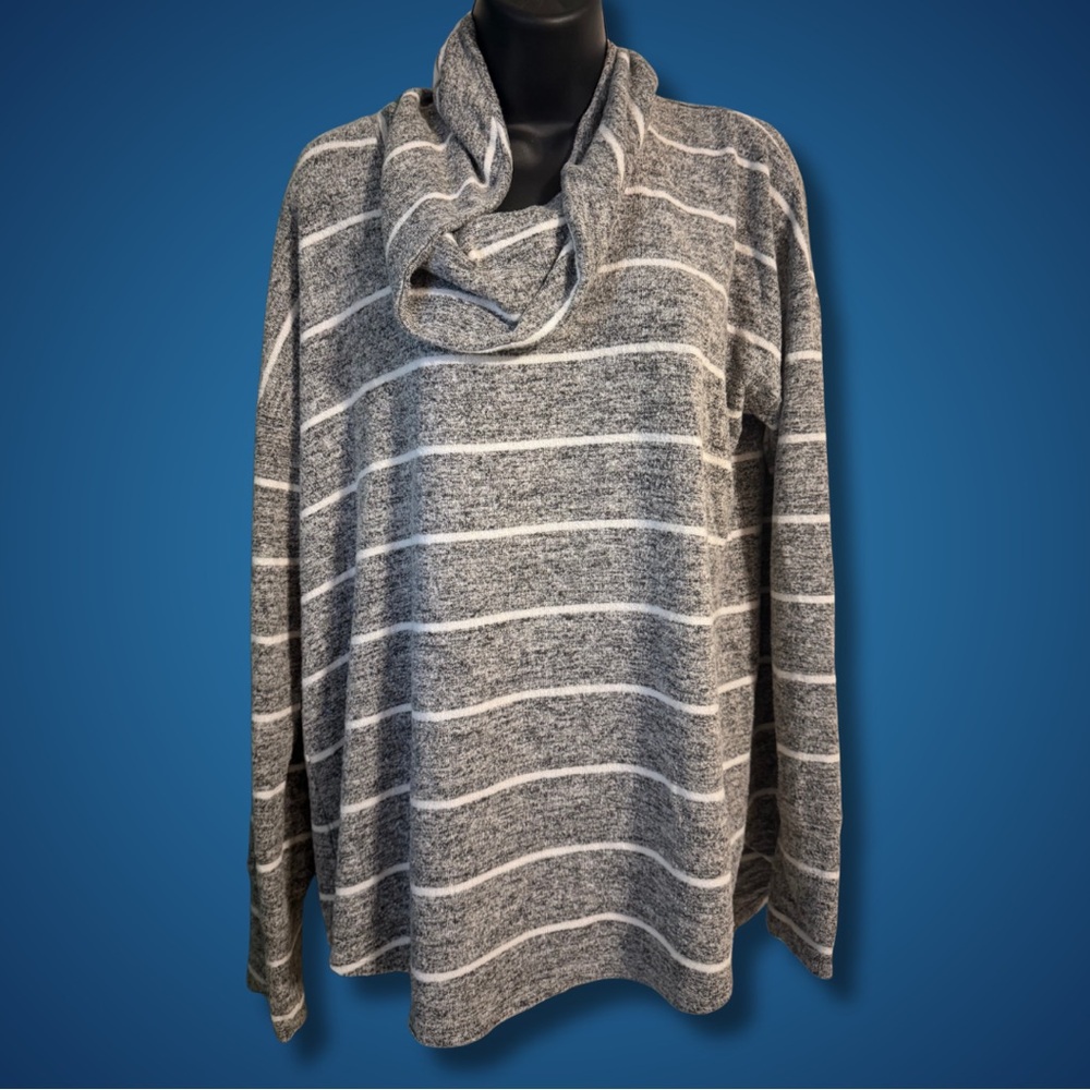 Lucky Brand Gray and White Striped Cowl Neck Sweater